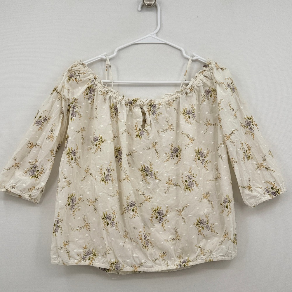 Polo Jeans Co Blouse Women Medium White Floral Swiss Dot Peasant Top Shabby Chic